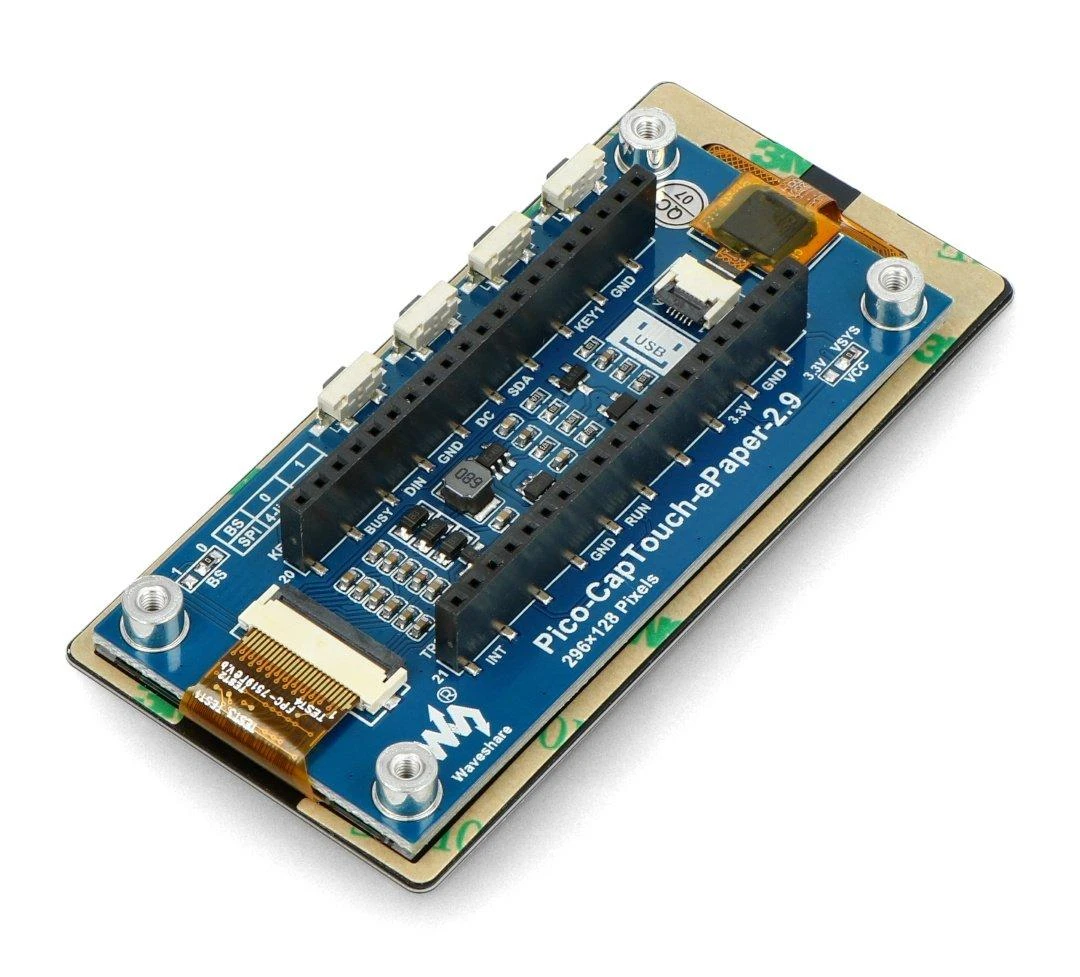 Talpinis jutiklinis ekranas E-paper E-Ink, 2.9” 296x128px, SPI/I2C, nespalvotas, skirtas Raspberry Pi Pico, Waveshare 20051