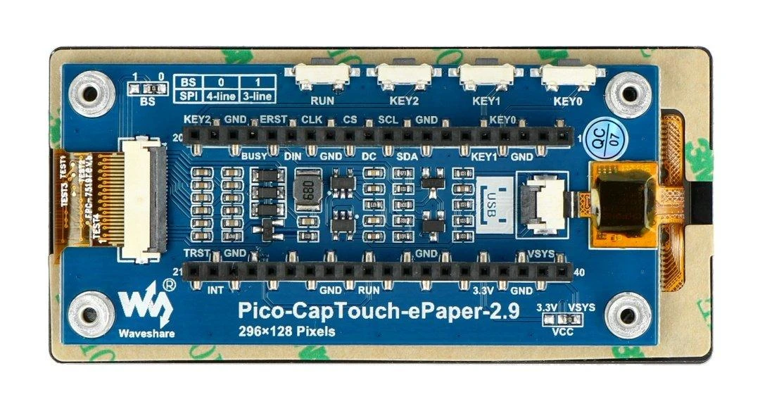 Talpinis jutiklinis ekranas E-paper E-Ink, 2.9” 296x128px, SPI/I2C, nespalvotas, skirtas Raspberry Pi Pico, Waveshare 20051