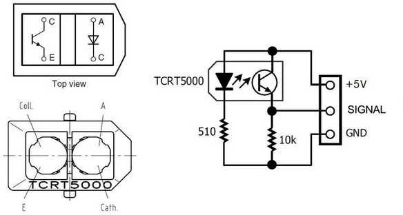 TCRT5000 jutiklio techninė schema ir sujungimas