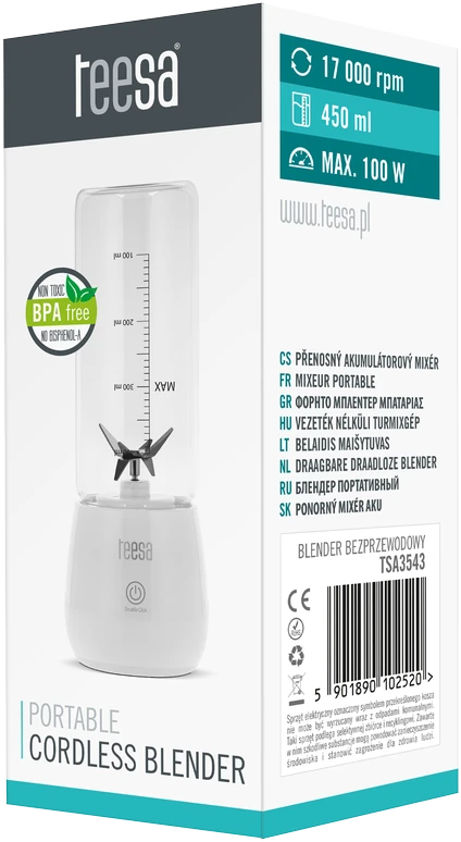 Teesa Belaidis maišytuvas, stiklinis puodelis, 450 ml, 100 W, 6 peiliai