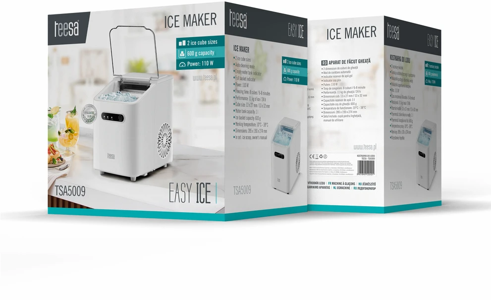 TEESA EASY ICE ledo gaminimo aparatas, 11 kg ledo, 1 l, 110 W, du kubelių dydžiai, savaiminis valymas