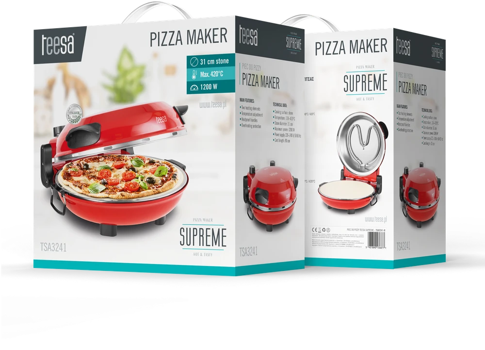 Vaflinė TEESA SUPREME FUN picos krosnelė 1200 W, 400 laipsnių, du šildytuvai, raudona