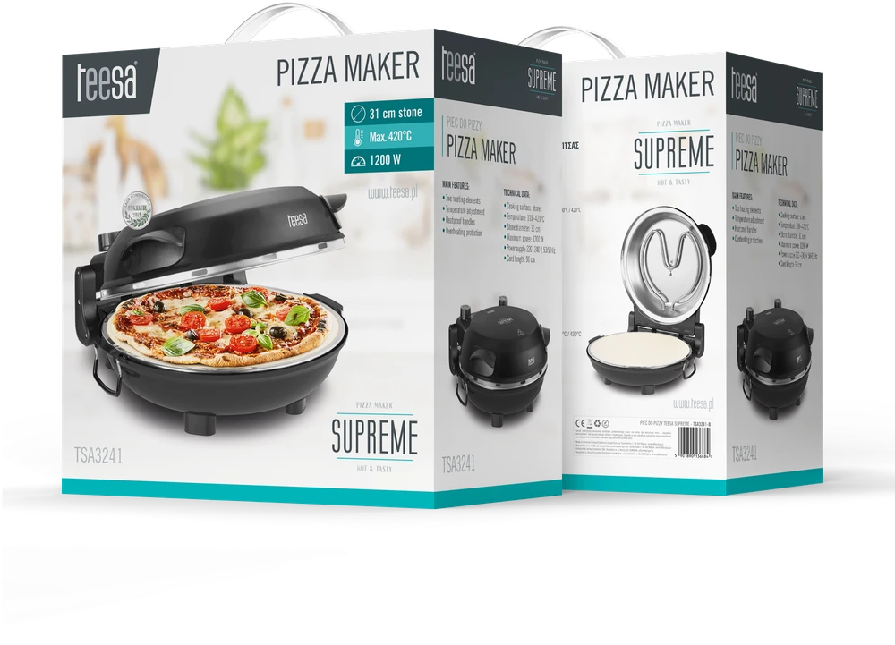 Vaflinė Piec TEESA SUPREME FUN 1200 W picos krosnis, 400 laipsnių, du kaitinimo elementai, juoda