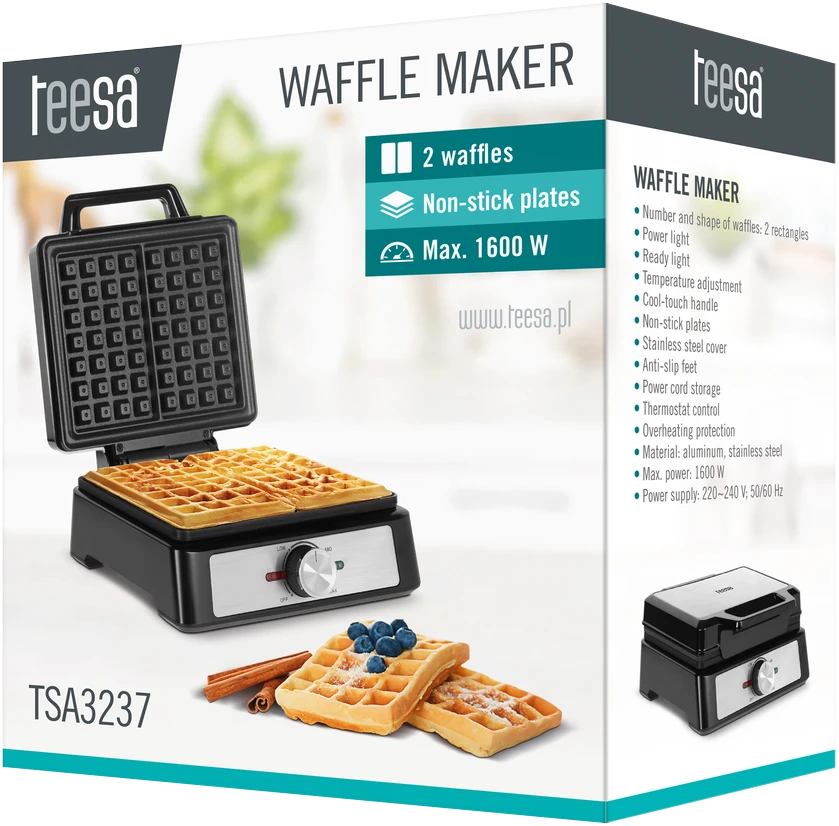Kruger & Matz TEESA vaflinė, 2 vafliai, 1600W, inox, galios reguliavimas