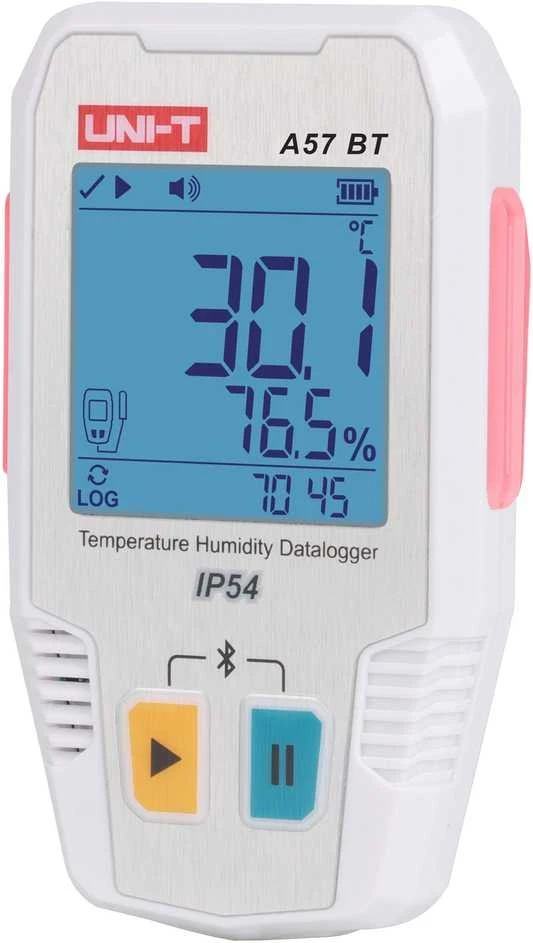Temperatūros ir drėgmės duomenų kaupiklis, -40 ~ 85C, 0%~100% RH, 64000 taškų, IP54, Bluetooth, UNI-T