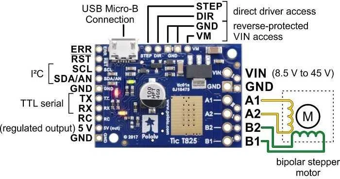 Tic T825, USB žingsninio variklio valdiklis 45V/2.5A, surinktas, Pololu 3130