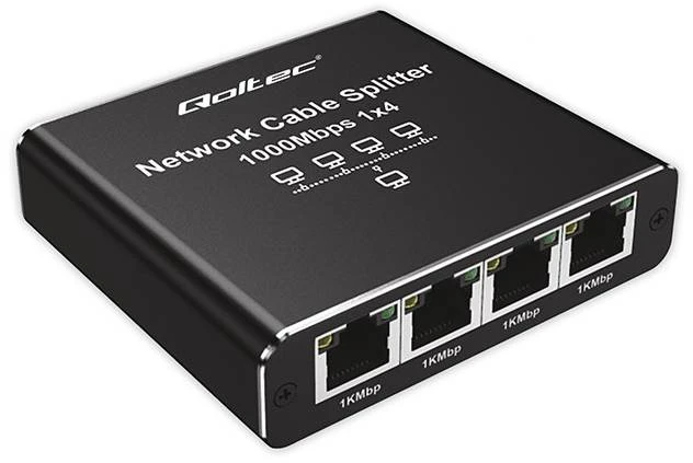 Šakotuvas „Qoltec Rozdzielacz“ skirstytuvas Ethernet mini jungiklis 1x4 RJ45 | 1000Mb/s | USB-C | Aliuminio