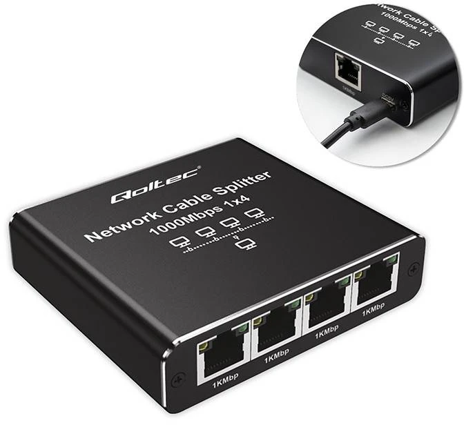 Šakotuvas „Qoltec Rozdzielacz“ skirstytuvas Ethernet mini jungiklis 1x4 RJ45 | 1000Mb/s | USB-C | Aliuminio