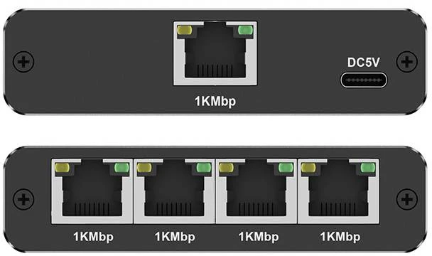 Šakotuvas „Qoltec Rozdzielacz“ skirstytuvas Ethernet mini jungiklis 1x4 RJ45 | 1000Mb/s | USB-C | Aliuminio