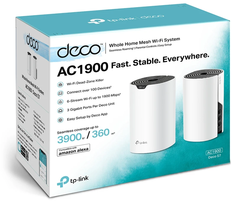 Maršrutizatorius TP-LINK | AC1900 viso namo tinklinio „Wi-Fi“ sistema | „Deco S7“ (2 vnt. pakuotė) | 802.11ac | 10/100/1000 Mbit/s | Ethernet LAN (RJ-45) jungtys 1 | Tinklo palaikymas: Taip | MU-MiMO: Taip | Ne, mobilusis plačiajuostis ryšys: | Antenos tipas: Vidinė