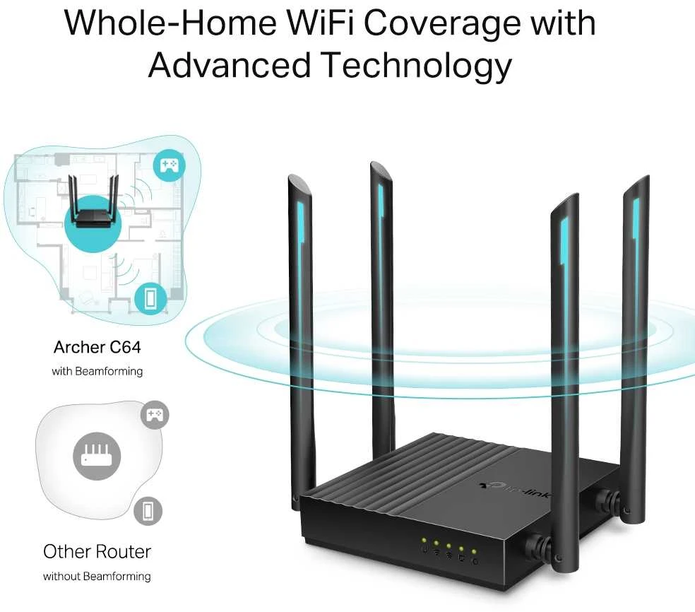 TP-LINK | AC1200 belaidis MU-MIMO Wi-Fi maršrutizatorius | Archer C64 2.0 | 802.11ac | 867+300 Mbit/s | 10/100/1000 Mbit/s | Ethernet LAN (RJ-45) jungtys 4 | Mesh palaikymas: Taip | MU-MiMO: Taip | Ne, mobilusis plačiajuostis ryšys: | Antenos tipas: 4 x fiksuota, visakryptė