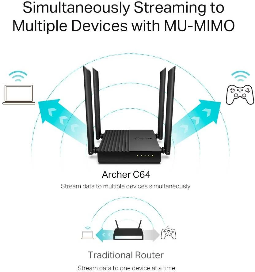 TP-LINK | AC1200 belaidis MU-MIMO Wi-Fi maršrutizatorius | Archer C64 2.0 | 802.11ac | 867+300 Mbit/s | 10/100/1000 Mbit/s | Ethernet LAN (RJ-45) jungtys 4 | Mesh palaikymas: Taip | MU-MiMO: Taip | Ne, mobilusis plačiajuostis ryšys: | Antenos tipas: 4 x fiksuota, visakryptė