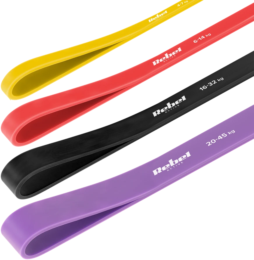 TPE mankštos juostų rinkinys - Power Band PT-S7, 4-82 kg, 7 TPE juostos, REBEL ACTIVE