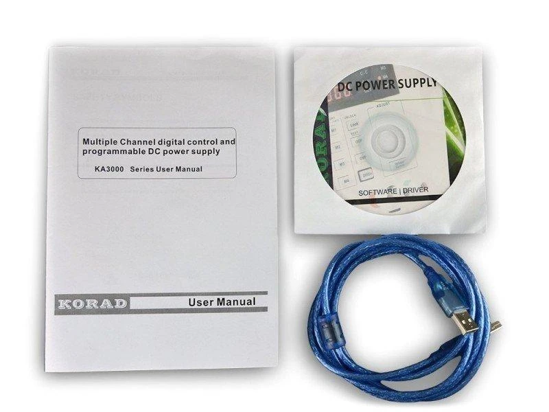 Korad KA3305P priedai: vadovas, kompaktinis diskas ir USB laidas