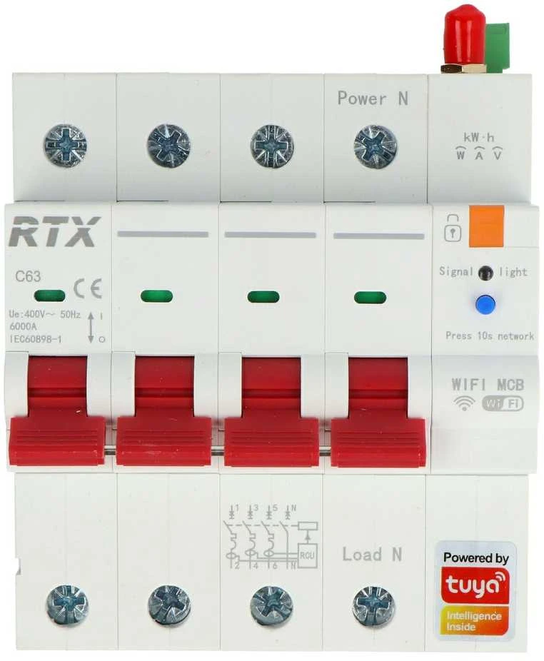 Tuya - 3 fazių WiFi saugiklis su energijos skaitikliu - 4P 16A - RTX WCB16-4P