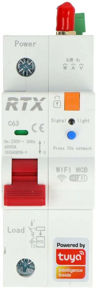 Tuya - vienfazis WiFi saugiklis su energijos skaitikliu - 1P 63A - RTX WCB63-1P