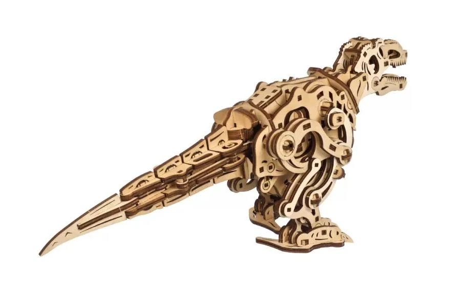 Medinis T-Rex mechaninis modelis iš nugaros