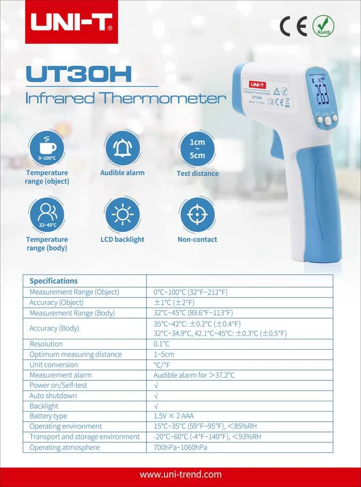 Uni-t Bekontaktis termometras kūno temperatūrai matuoti 32.0°C~45°C UT30H