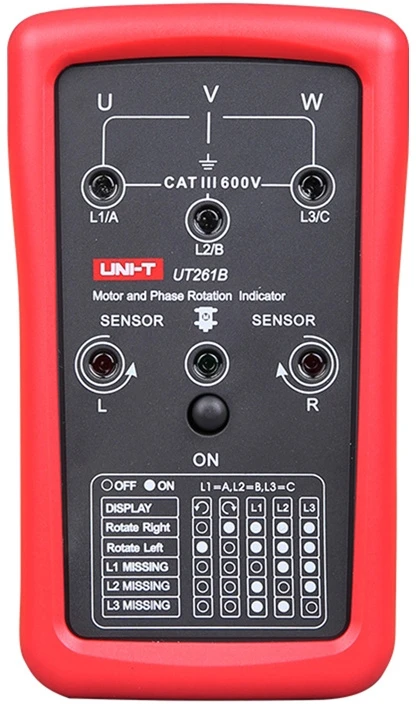 Fazių sekos ir variklio sukimosi krypties testeris ; 90÷600VAC; 15÷400Hz; IP40; CAT III 600V, UNI-T