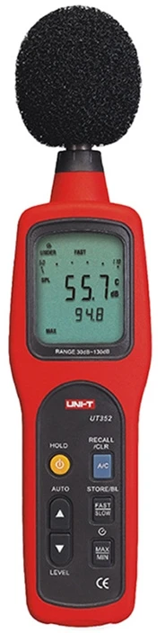 Matavimo Priemonė - Uni-T UT352 Garso Lygio Matuoklis 30–130 dB, ±1.5 dB Tikslumas, Apšviestas LCD Ekranas, Juoda