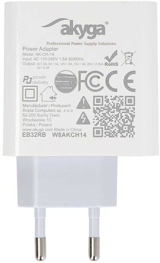 USB A USB C PD Quick Charge 3.0 maitinimo šaltinis – 5-20V/2.25-3A – Akyga AK-CH-14
