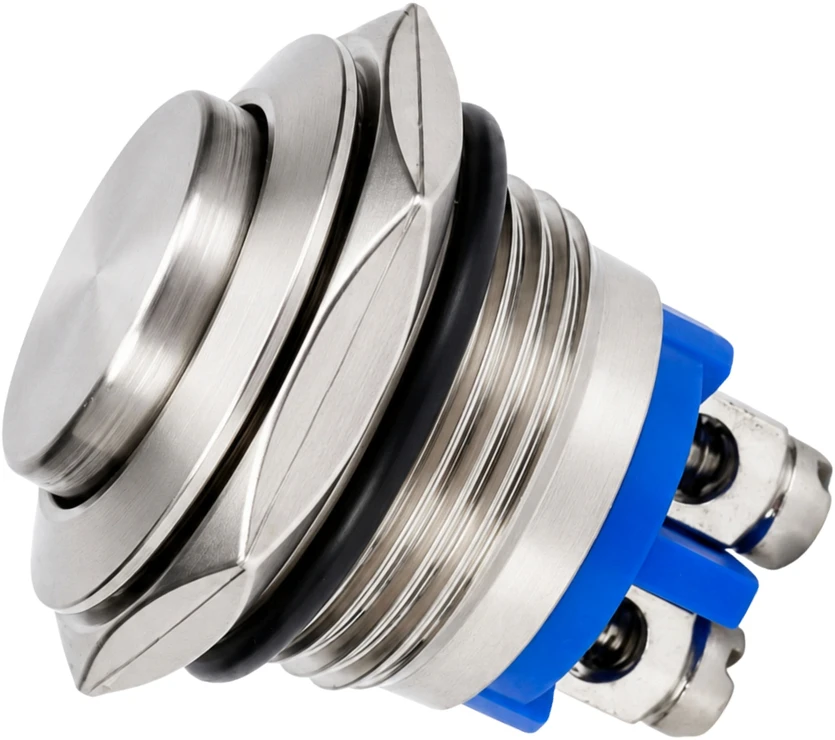 Vandalams atsparus mygtukas, 16 mm monostabilus, 2A, 250V, išsikišęs raktas