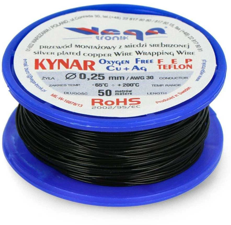Kynar montavimo laidas, 0.25mm juodas ant mėlynos ritės