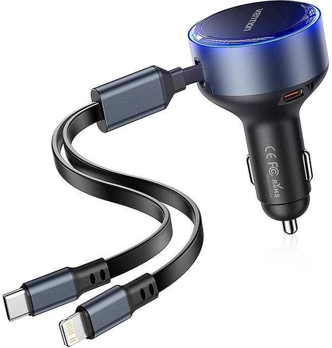 Vention FFOB0 USB-C automobilinis įkroviklis + USB-C/Lightning 30W laidas