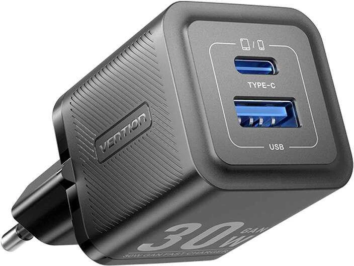Vention Sieninis įkroviklis, ventiliacija, FEQB0-EU, USB-C, USB-A, 30W/30W, GaN (juoda)