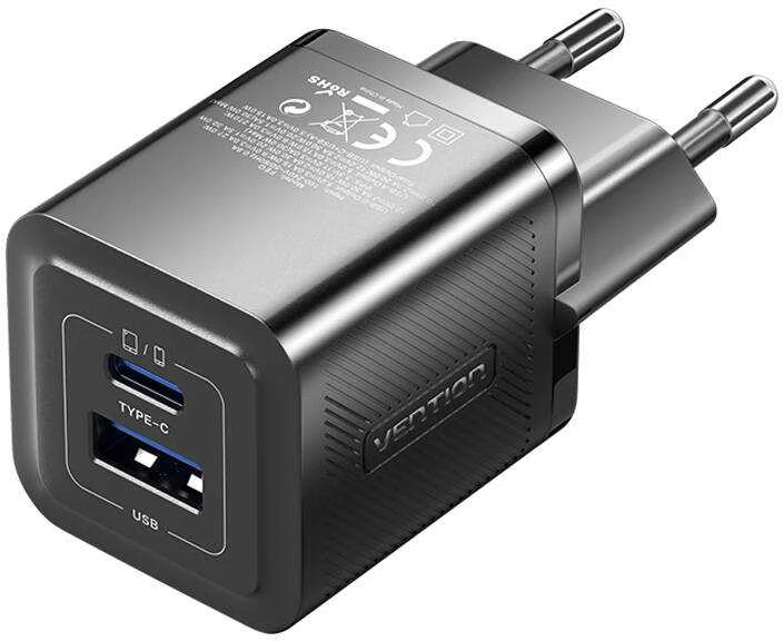 Vention Sieninis įkroviklis, ventiliacija, FEQB0-EU, USB-C, USB-A, 30W/30W, GaN (juoda)