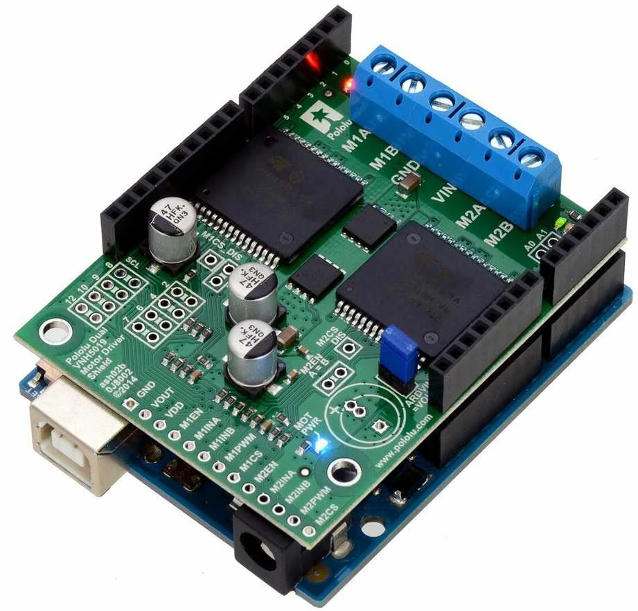 VNH5019 2 kanalų variklio valdiklis 24V/12A, Arduino priedėlis, Pololu 2507