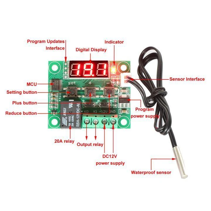 W1209 temperatūros valdiklio sujungimų schema