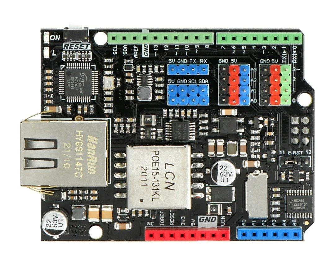 W5500 Ethernet skydelis su spalvotais kaiščių jungtimis
