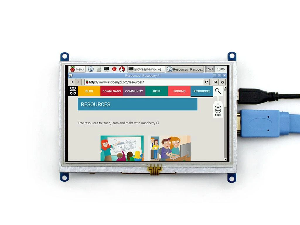 Waveshare 5 colių ekranas su prijungtais kabeliais