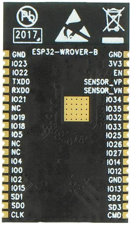 ESP32-WROVER-B mikrovaldiklio kontaktų išdėstymas