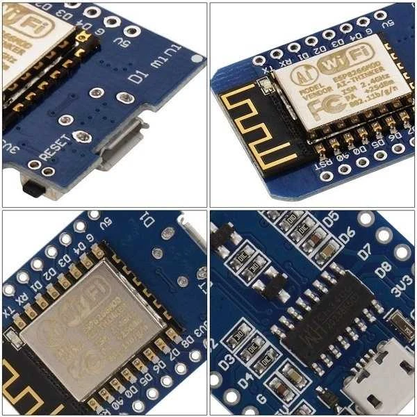 Wemos D1 mini ESP8266 plokštės detalės ir komponentai