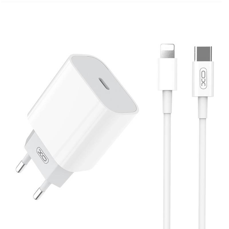 XO L77 sieninis įkroviklis, USB-C + USB-C prie Lightning kabelis (baltas)
