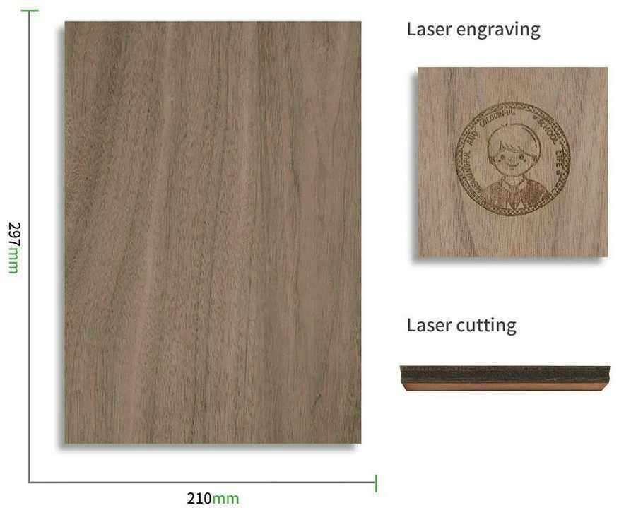 xTool riešutmedžio fanera 297x210mm su lazerinio apdirbimo pavyzdžiais