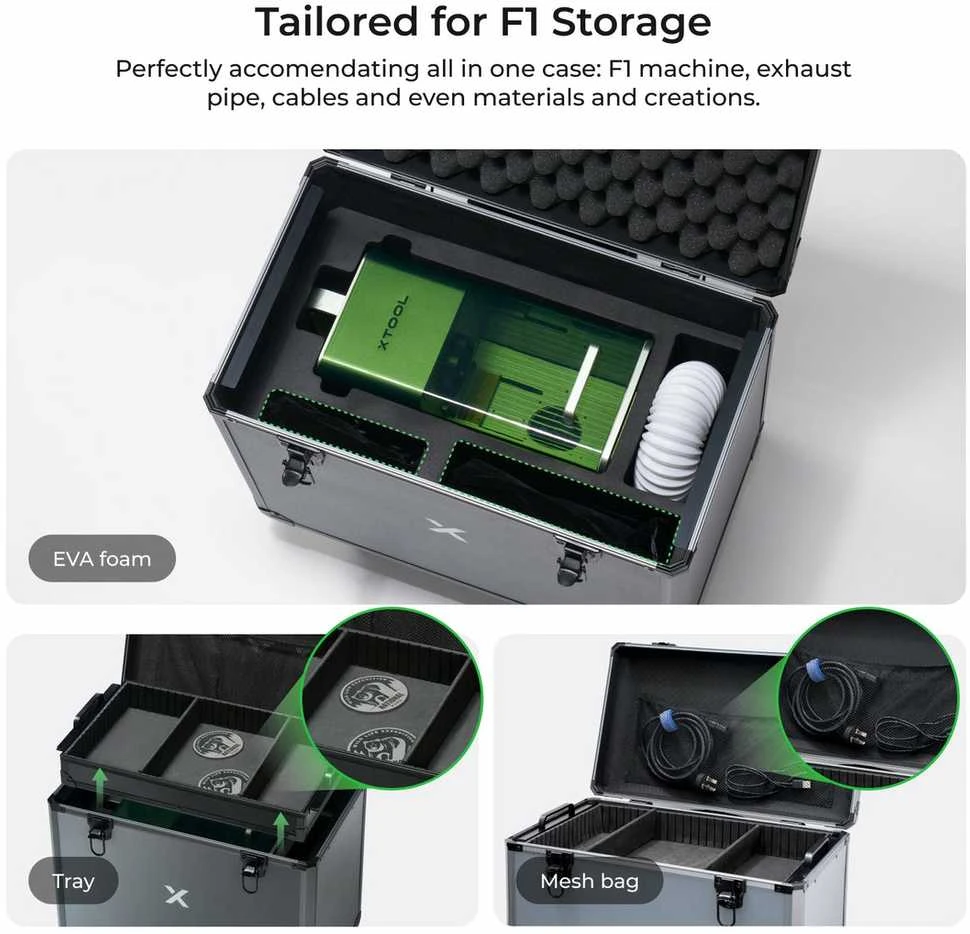 xTool F1 transportavimo lagaminas su vidiniais skyriais
