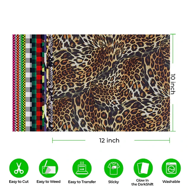 Rinkinio detalės: leopardinis HTV vinilas 10x12 colių