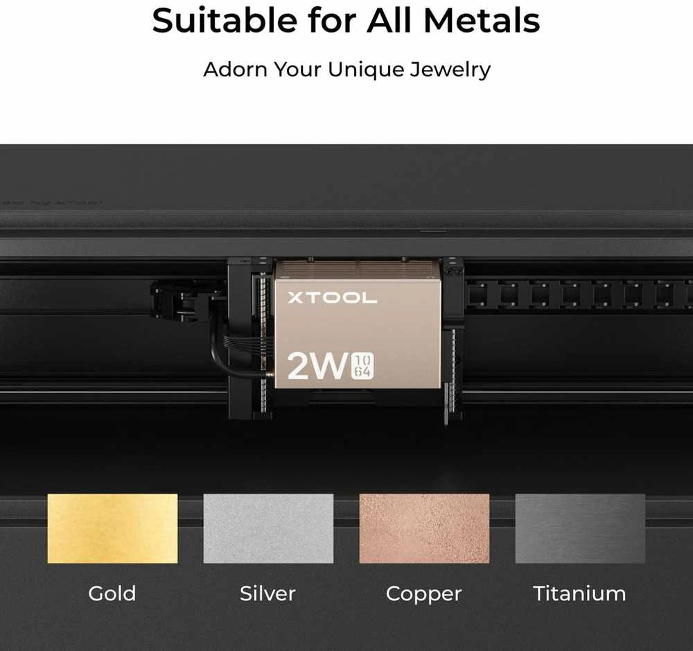 xTool lazerio modulis su metalų suderinamumo pavyzdžiais