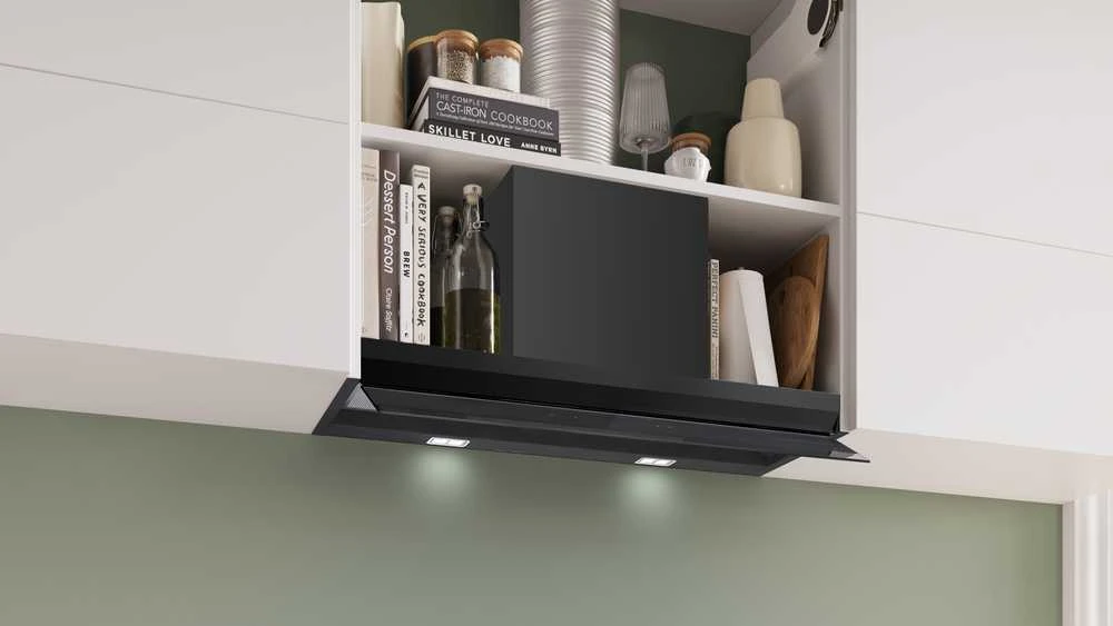 Bosch DBB87DP60 Serija 6, Integruojamasis kamino tipo gartraukis, 80 cm, skaidrus stiklas su juodu atspaudu, Matinė juoda