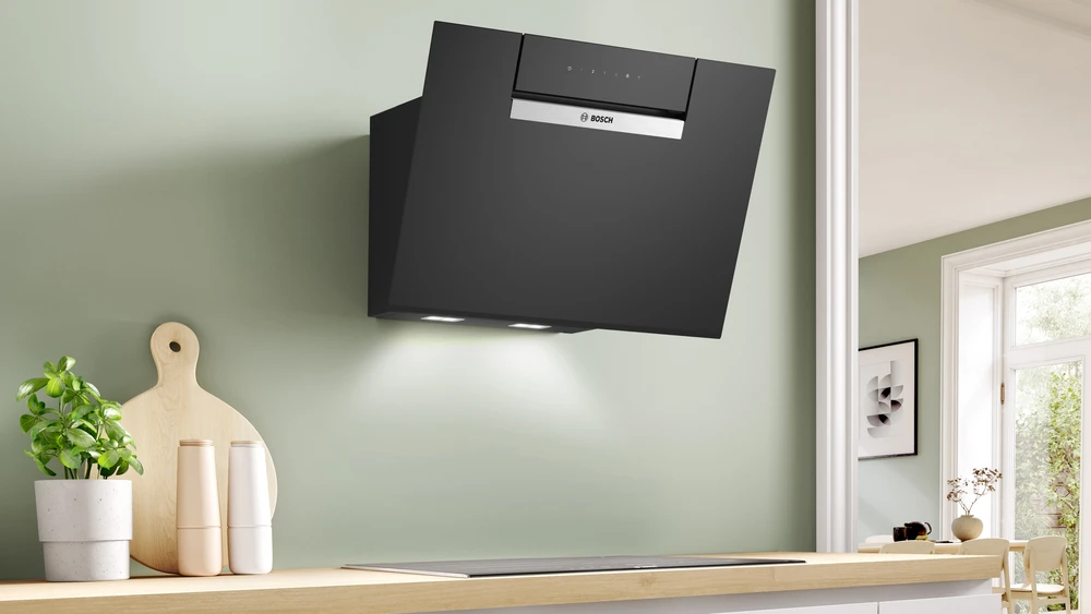 Bosch DWK67FN60 Serija 4, Prie sienos montuojamas gartraukis, 60 cm, skaidrus stiklas su juodu atspaudu, Juoda