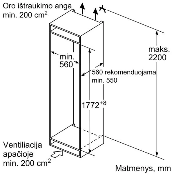 Įmontuojamasis šaldytuvas su šaldiklio skyriumi apačioje Bosch KIS87AFE0 Serija 6, 177,2 x 55,8 cm, plokščias vyris