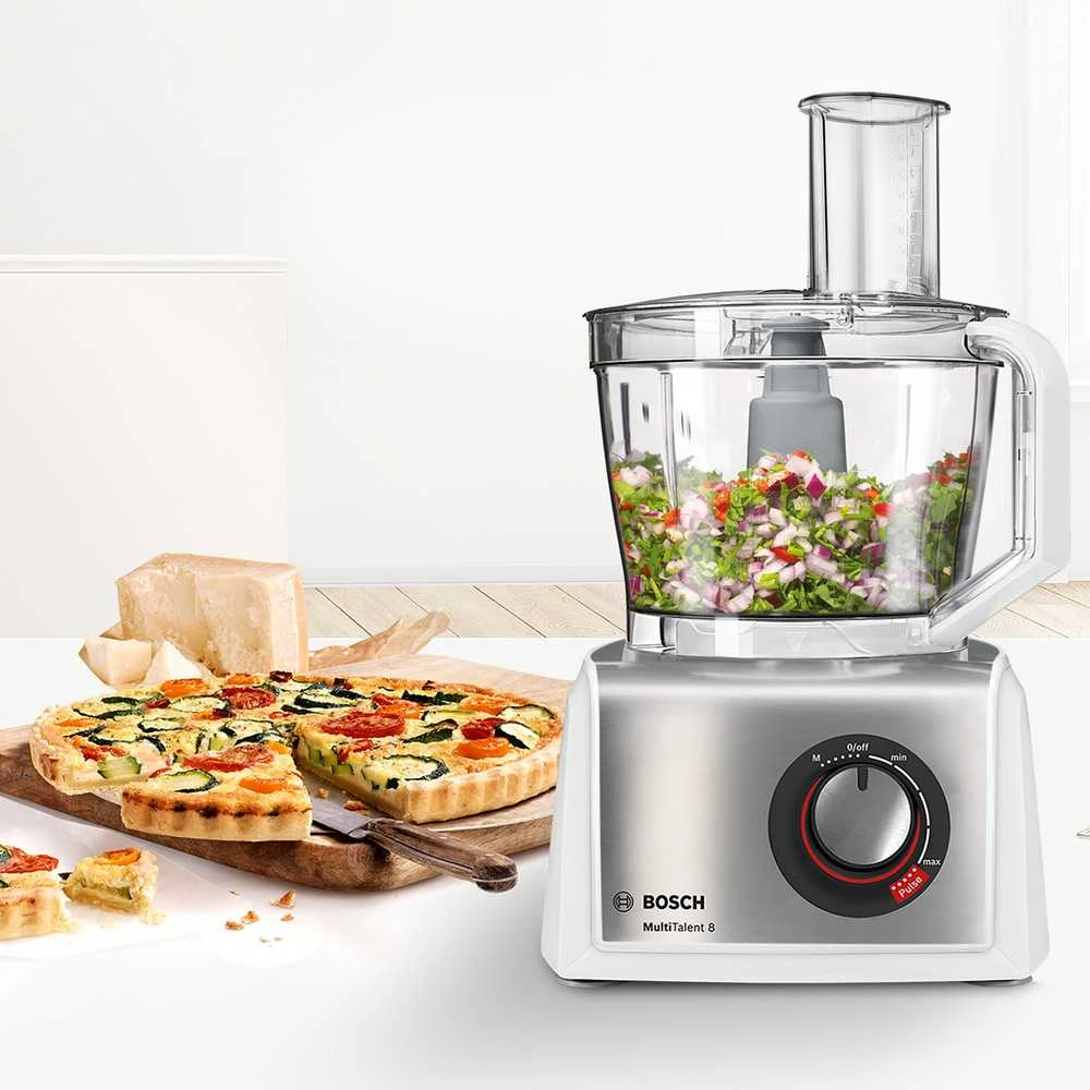 Virtuvinis kombainas Bosch MC812S814 Virtuvės kombainas, MultiTalent 8, 1250 W, Baltas, šiaušto nerūdijančio plieno