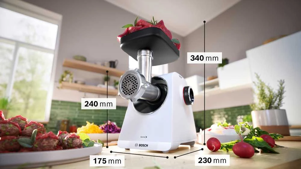 Bosch MFWS607W Serija 6, Mėsmalė, MultiPower, 2100 W, Baltas, Baltas