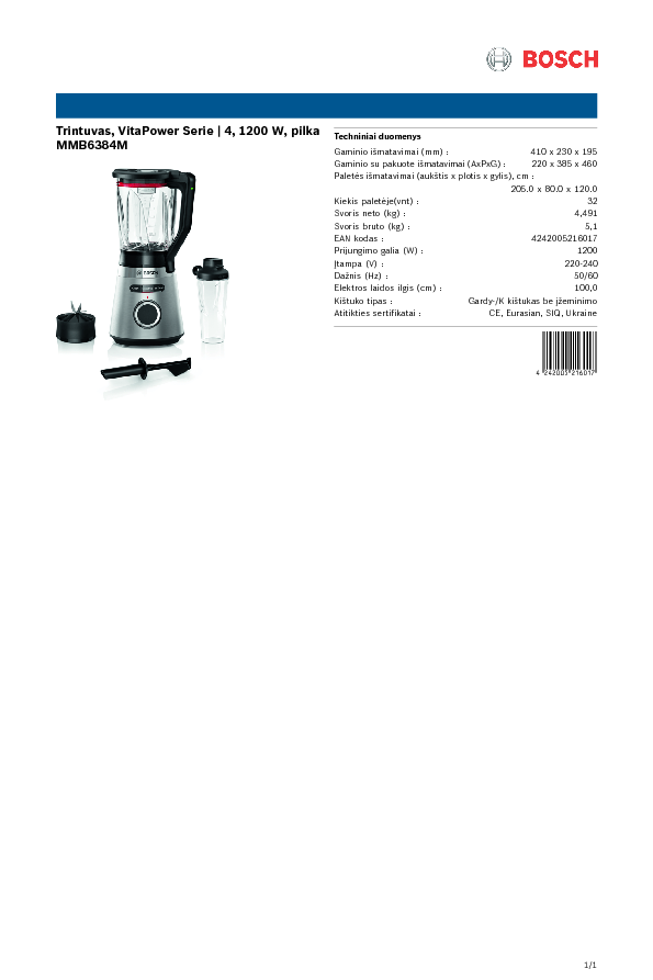 Bosch MMB6384M Trintuvas, VitaPower Serie | 4, 1200 W, Nerūdijančio plieno