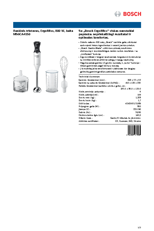 Plakiklis Bosch Rankinis trintuvas, ErgoMixx, 800 W, Balta, Antracito spalvos MS6CA4150
