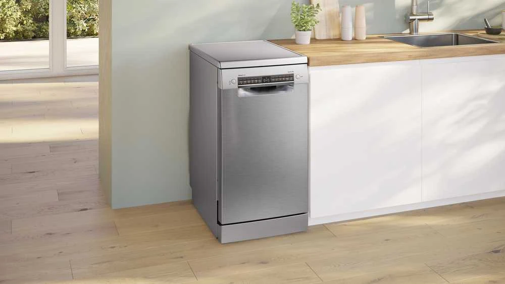 Bosch SPS4HMI13E Serija 4, Laisvai statoma indaplovė, 45 cm, Šlifuotas plienas su apsauga nuo pirštų atspaudų