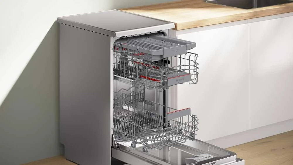 Bosch SPS4HMI13E Serija 4, Laisvai statoma indaplovė, 45 cm, Šlifuotas plienas su apsauga nuo pirštų atspaudų